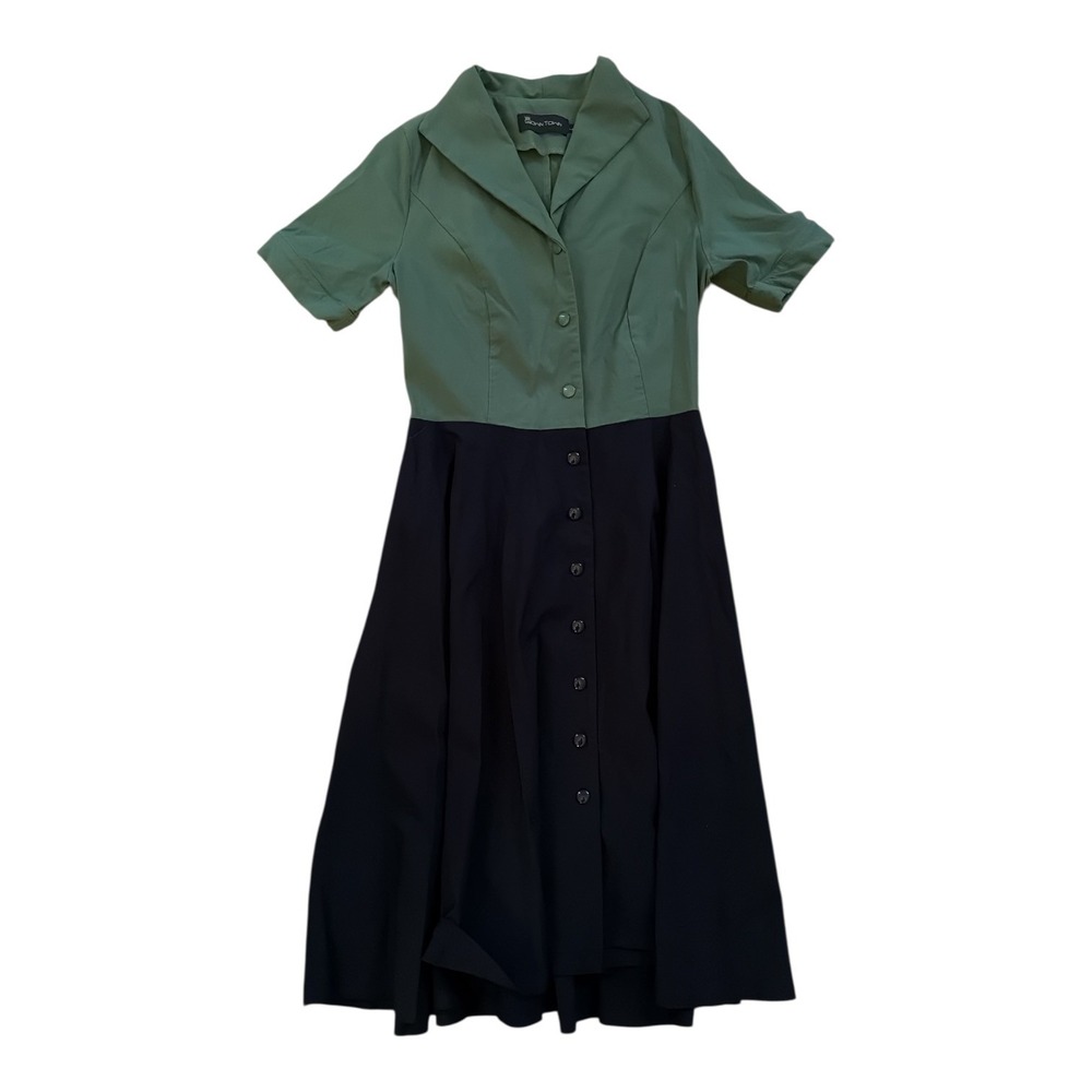 Gown Town Green & Black Collared Shirt Dress Button Front Size Large Midi